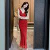 Foto Real de Vestido Rojo de Verano 2026 con Cuello en V y Tirantes Finos para Mujer, Ajustado a la Cintura, Bodycon, para Vacaciones, Estilo Largo