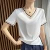 Verano Nueva Camiseta de Manga Corta de Satén de Ácido Acético Malla Costuras para Mujer Cuello en V Moda Talla Grande Manga Media Top para Mujer
