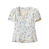 Atacado Fábrica de Roupas Femininas Transfronteiriça 2026 Doce Francês Gola Quadrada Manga Curta Cintura Afunilada Estampa Camisa Top