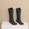 Zapatos de tacón medio para mujer Zapatos de tela Fideos de tela Comercio exterior Botas de cowboy con remaches de manga Europeas y americanas Botas de cuero Punta fina Botas de moda para mujer Negro