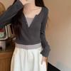 Top de Punto de Contraste de Estilo Coreano Falso de Dos Piezas para Mujer Primavera y Otoño Cuello Medio Abierto Commuter para Usar Interior o Exterior Camiseta Top de Hombro