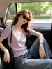 Top casual de punto de seda helada de estilo coreano con cuello en U y manga corta, nuevo top versátil de verano de color liso juvenil de manga corta, camiseta elegante para mujer