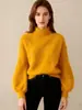Primavera, Otoño e Invierno 2026 Nuevo Suéter de Punto Holgado de Color Sólido con Cuello Semi-Alto y Mangas de Linterna Estilo Coreano de Piel Sintética de Visón para Mujer
