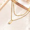 Collar con Colgante Cuadrado Geométrico de Acero de Titanio para Mujer, Cadena para Clavícula de Doble Capa que No se Desvanece, Cadena de Cuello Minimalista con Personalidad