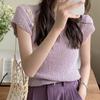 Blusa de punto fina de manga corta con escote en V y mangas abullonadas para mujer, de verano, de seda helada, con efecto adelgazante.