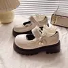 Zapatos de Cuero Mary Jane Franceses con Suela Gruesa para Niñas, Nuevo Estilo de Verano, Combinados con Faldas, Mocasines, Zapatos de Salón Individuales con Tacón Grueso Redondo y Perlas