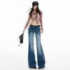 Jeans Feminino Cross-border 2026 com Design de Bolso Rainha, Estilo Americano Guns N' Roses, Lavagem Vintage, Stretch, Cintura Baixa, Levemente Flare por Yichun