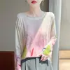 Estilo Novo Primavera e Verão 2026 Camiseta Solta com Gola Redonda Pintada de Manga Longa Feminina Tricô Artístico Estampado Proteção Solar