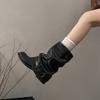 Botas de Piel Genuina para Mujer, Botines, Punta Redonda, Tacón Grueso, Tacón Bajo, Botas Fruncidas, Botas Vaqueras Western, Botines para Mujer