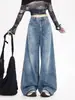 Calça jeans larga com estampa de grafite salpicada estilo high street americano para mulheres, cintura alta, solta, modeladora, perna reta, comprimento até o chão para mulheres A14025