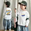 Camiseta de manga larga 100% algodón para niños, cuello redondo, corte holgado, camiseta básica elegante, estilo nuevo, versátil para primavera y otoño, camiseta de cuello redondo