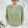 Camiseta de punto de manga corta con cuello redondo de Tencel Lyocell para mujer, nuevo estilo de verano 2025 con abalorios laterales y diseño calado, top de color liso