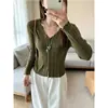 Cárdigan de Punto de Lana Gris Oscuro Estilo Coreano Texturizado de Canalé con Cuello en V para Mujer Manga Larga Versátil Abrigo Ajuste Delgado