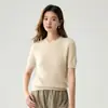Camiseta Feminina 48 Fios Gola Redonda Manga Curta Pura Caxemira Chegada Nova Outono/Inverno 2026 Fio Fino Tricô Trançado Vazado para Camiseta Elegante