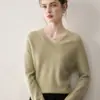 Suéter Feminino de Caxemira 100 Pura Pronto para Uso de Primeira Linha Decote V Outono e Inverno Pulôver de Manga Longa Lã Tricotada Base Suéter Sem Costura