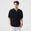 Ropa para Hombre Fengshe / Nuevo Verano 2026 Estilo Old Money Camiseta de Manga Corta con Cuello Henley Acanalado de Lyocell y Lino
