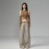 Calça de trabalho casual ampla, versátil, estilo kendo, de retalhos, desconstruída, perna reta, plissada, cor cinza claro