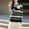 Nuevo cárdigan de punto a rayas con cuello redondo para mujer Otoño/Invierno 2026 Lana Fina Manga Larga Bloque de Color Holgado Delgado Abrigo