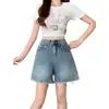 Shorts Jeans de Verão 2026 Novo Estilo Plus Size de Cintura Alta com Borda Desfiada Estilosa, Calça Wide Leg A-Line Emagrecedora