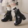 Botines de Estilo Nuevo Comercio Exterior con Cordones Delanteros Botas Dulces Encaje de Lazo Encaje con Tacón Grueso de Princesa Botas Lolita para Mujer