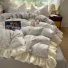 Juego de ropa de cama de cuatro piezas estilo princesa de encaje, algodón cepillado para las cuatro estaciones, sábana bajera de algodón puro, funda de edredón individual, juego de ropa de cama de tres piezas