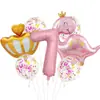 Balão de Filme de Alumínio Rosa Fosco com Coroa e Dinossauro - Conjunto para Decoração de Festa de Primeiro Aniversário de Meninas e Crianças