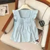 Chaleco Cárdigan Amarillo Cuadrado de Cuello Francés con Mangas Volantes Estilo Francés Petite Elegante Camisa para Mujer, Impresionante Top Tipo Muñeca de Verano