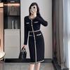 High-end outono e inverno roupas Chanel estilo manga comprida em torno do pescoço vestido de malha das mulheres retro Hepburn estilo camisola saia preta