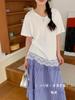 2025 Novo Verão Gola V Pequena Falso Duas Peças Renda Costurada Manga Curta Camiseta Moda Feminina Redutora de Idade Versátil Tops Atacado
