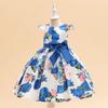 Novo Vestido Infantil Médio e Grande Europeu e Americano Vestido de Princesa Meninas Laço Forjado Vestido Estampado Jantar de Aniversário Vestido Infantil