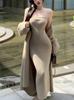 Moda Retro Hong Kong Estilo Bag Hip Split Tube Top Vestido de malha Outono e inverno engrossado longo suéter Cardigan terno Cardigan