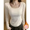 Camiseta Básica de Terciopelo con Cuello Cuadrado para Mujer en Otoño e Invierno, Camiseta Corta Gruesa y Forrada de Polar para Chicas Atrevidas, Aspecto Adelgazante y Top Cálido
