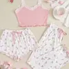 Conjunto de Ropa de Casa Transfronterizo Estilo Europeo y Americano, Top Camisola Sexy de Encaje Acanalado, Conjunto de Pijama de Tres Piezas con Pantalones Cortos y Largos para Mujer