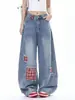Jeans Retro Americanos de Parches Rasgados para Hombre y Mujer Nuevo Diseño de Bloques de Color a Cuadros Pierna Ancha Holgada Pierna Torcida Tendencia