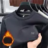 Camiseta Informal de Color Sólido para Jóvenes de Invierno Elástica Camiseta de Manga Larga para Hombre Ropa de Calle Sudadera de Cuello Redondo con Forro Polar Camiseta Base 336
