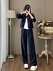 Traje de Mujer a la Moda para Primavera y Otoño 2026, Estilo Nuevo, Casual y Elegante, Gama Alta, Conjunto de Dos Piezas de Chaqueta Cardigan Azul Oscuro y Pantalones de Pierna Ancha