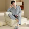 Conjunto de pijama cardigã de manga comprida e calça comprida 100% algodão masculino, lapela, outono e inverno, gola redonda, simples, casual, para casa