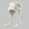 Gorro de tricô para outono e inverno, estilo gato, com abas para as orelhas, forro de pelúcia, espessado para aquecimento, design fofo de desenho animado, faz o rosto parecer menor