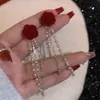 Brincos Festivos de Veludo Vermelho com Laço para Mulheres, Doces e Elegantes Brincos Longos com Franjas Florais para Outono e Inverno