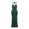Vestido Sexy de Chica Caliente con Tirantes al Cuello 2025 Verano Nuevo Diseño Adelgazante de Ajuste Ceñido Sentido de Pliegues Vestido de Cadera con Bolsa
