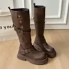 Botas Martin, botas longas marrons, botas de salto alto com sola grossa para mulheres, novo estilo primavera e outono 2026, botas de cavaleiro Maillard com gola dobrável