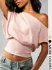 Roupas Femininas Verão Novidades Moda Feminina Camiseta de Manga Curta Transfronteiriça Europeia e Americana Cropped Ombro a Ombro Cor Sólida