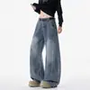 Jeans de hombre de estilo americano de calle con dobladillo curvo, pantalones casuales anchos de pierna ancha de ajuste holgado, tendencia de otoño, pantalones largos lavados para hombre