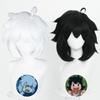 Peluca Cosplay Cardamomo Luo Xiaohei con Cuero Cabelludo Realista, Cabello Corto Blanco y Negro, Peluca Luo Xiaohei con Red Rosa