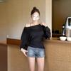 Blusa estilo ocidental com alças nas costas, camiseta feminina de manga comprida, ajuste relaxado, cautelosa, microtransparente, ombro oblíquo, top de verão, camisa com ar condicionado