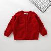 Cardigã Infantil Vermelho de Manga Longa no Atacado, Jaqueta de Tricô para Bebê, Roupa de Baixo Redonda para Crianças Pequenas, Acabamento Macio