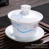 Juego de Té de Porcelana de Jade Blanco Glaseado de 3.8 pulgadas Pintado en Oro de Tres Piezas con Tapa, Logo Personalizable, Porcelana Blanca Minimalista Moderna de Alta Calidad con Tapa