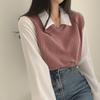 Camisa Curta Patchwork Tricô Falso Duas Peças Moda Retrô Francesa Chic Caranguejo com Cinco Painéis para Mulheres, Top de Manga Bufante de Outono