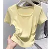 Camiseta Morada de Algodón Puro con Cuello Cuadrado, Corte Entallado, Manga Corta para Mujer, Nueva Llegada de Verano, Color Sólido, Cintura Ceñida, Corta, Hombro Normal