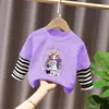 Top de estilo patchwork de dos piezas falsas, moderno y a la moda, para niñas, camiseta de manga larga a rayas de algodón puro con dibujos animados